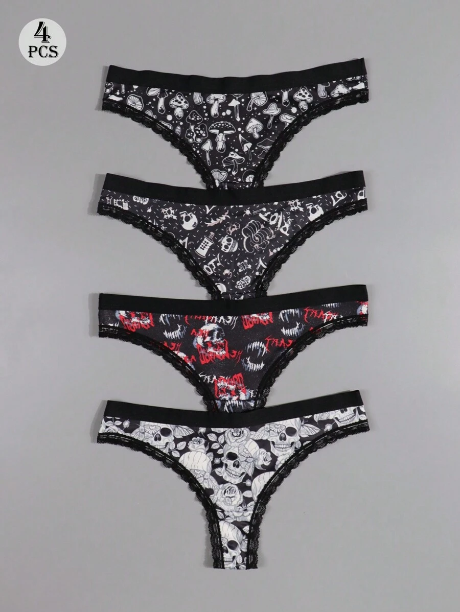 Dircho 4pcs Sexy Cute Gothic Women Contrast Lace Thongs, Halloween Black Skull & Stars & Roses & Eyeballs & Mushrooms Allover Print Comfy Silky Intimates Panties, Women's Underwear & Lingerie