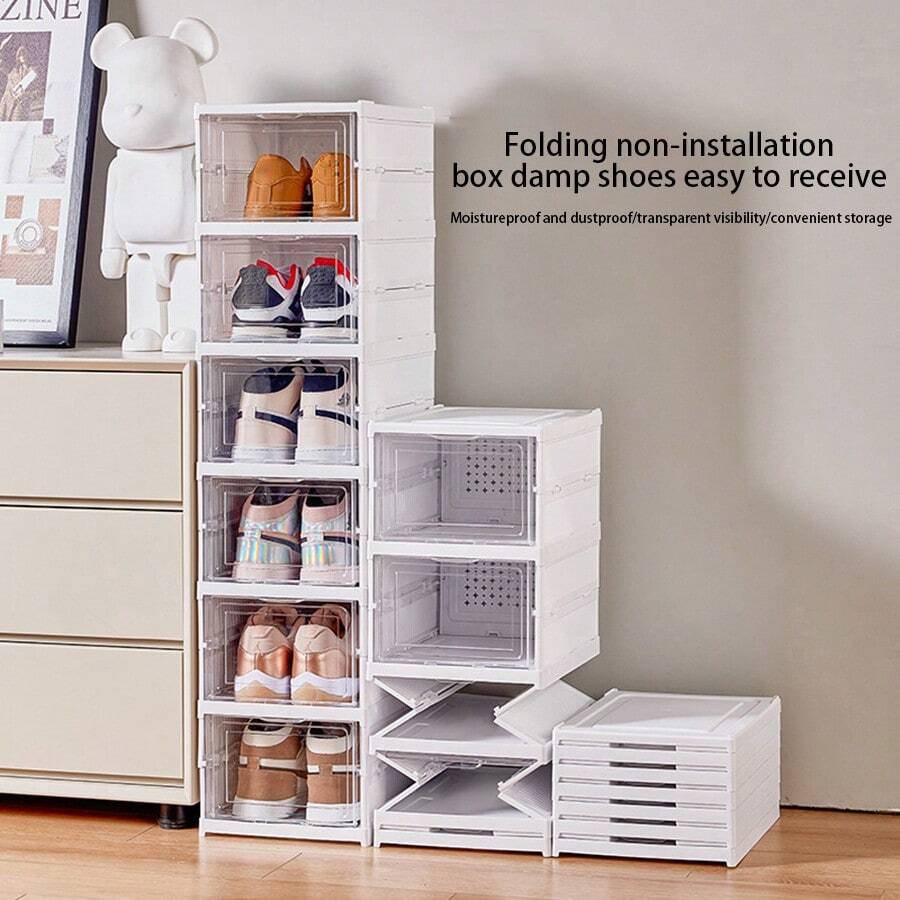 1/3/6 Layers Foldable Shoe Box, Transparent Plastic Storage Organizer Rack, Easy Assembly Shoe Cabinet For Sneakers - White - View 1