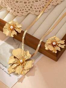 3pcs/Set Women's Daily Fashion Floral Pendant Necklace And Elegant Flower Earrings Set Valentines - Yellow Gold - View 5