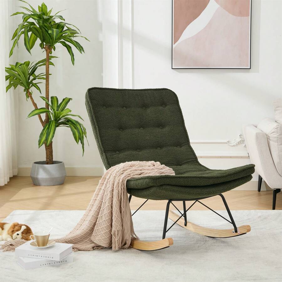 Ucloveria Rocking Chair, Teddy Fabric Living Room Chairs Rocking Glider Chair With Wide Backrest & Solid Wood Base, Upholstered Armless Rocker Chair Accent Chairs For Living Room Bedroom