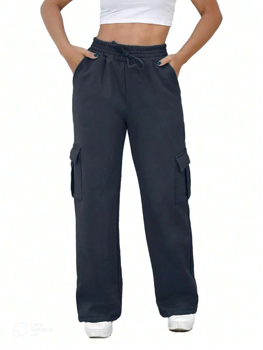 Women's Plus Size Wide Leg Sweatpants Flannel Thick Fabric Winter Cargo Pants - 黑色 - 查看 1
