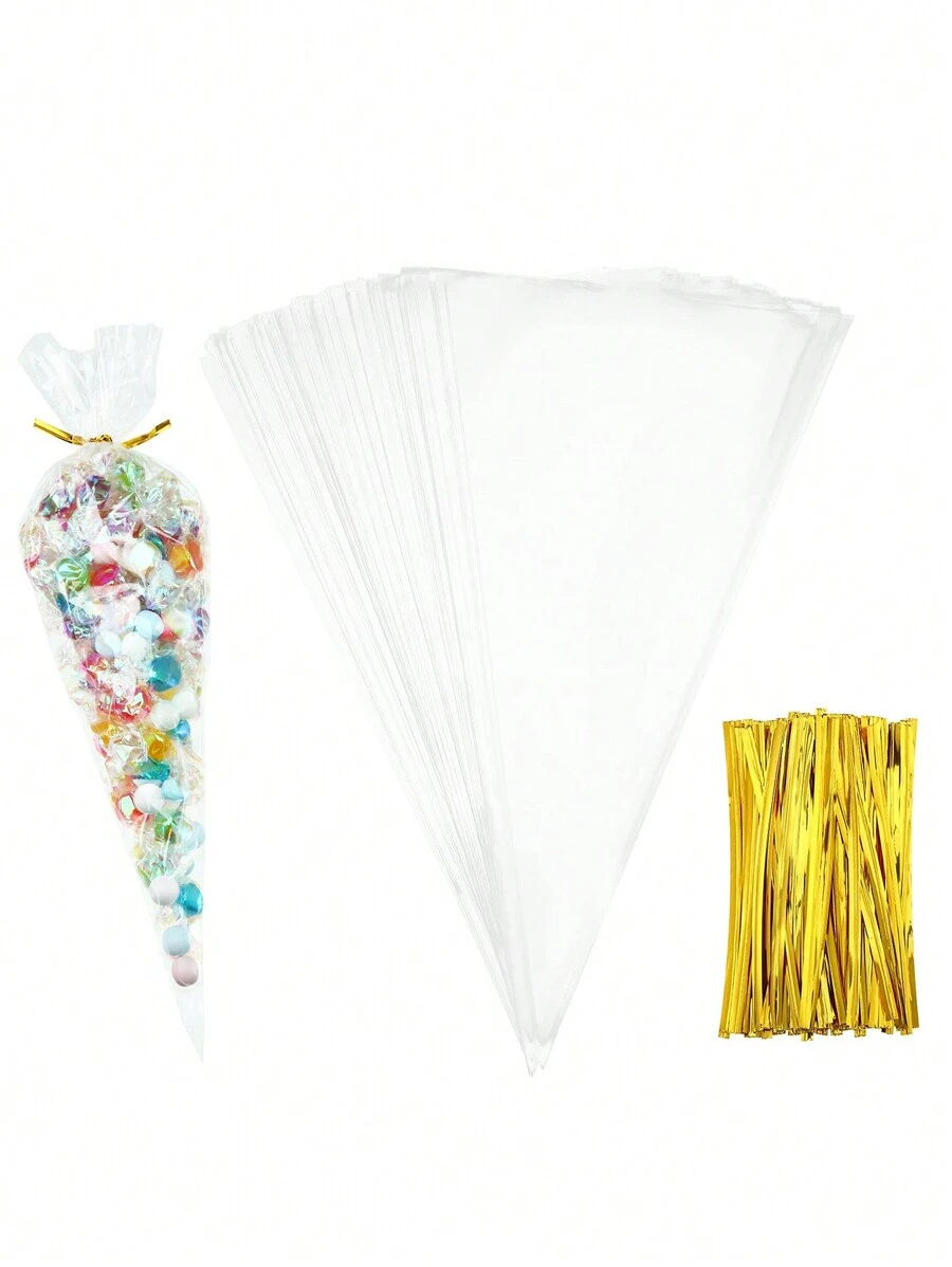 100pcsCone Shaped Treat Bags, Clear Popcorn Bags Bulk 7x15 In