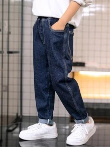春秋季 Tween 男童弹力腰带贴袋直腿休闲牛仔裤 - 中等水洗藍 - 查看 4