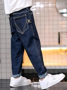 春秋季 Tween 男童弹力腰带贴袋直腿休闲牛仔裤 - 中等水洗藍 - 查看 3