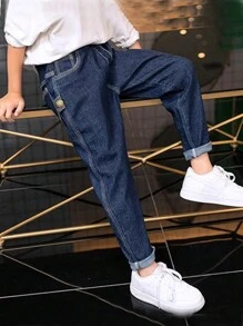 春秋季 Tween 男童弹力腰带贴袋直腿休闲牛仔裤 - 中等水洗藍 - 查看 5