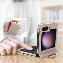 带手机吊饰斜挎手机壳，带卡槽，可调节挂绳和可拆卸腕带，适用于三星 Galaxy Z Flip 3/4/5 折叠手机，钱包式保护套，适合女士，U 皮革 - 杏桃粉紅色 - 查看 3