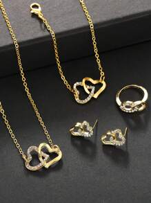 1入時尚心形吊墜項鍊套裝，包含1入手鏈、1入項鍊、1入戒指、1對耳環。適用於派對，作為禮物最佳選擇。 - 金色 - 查看 2