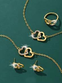 1入時尚心形吊墜項鍊套裝，包含1入手鏈、1入項鍊、1入戒指、1對耳環。適用於派對，作為禮物最佳選擇。 - 金色 - 查看 3