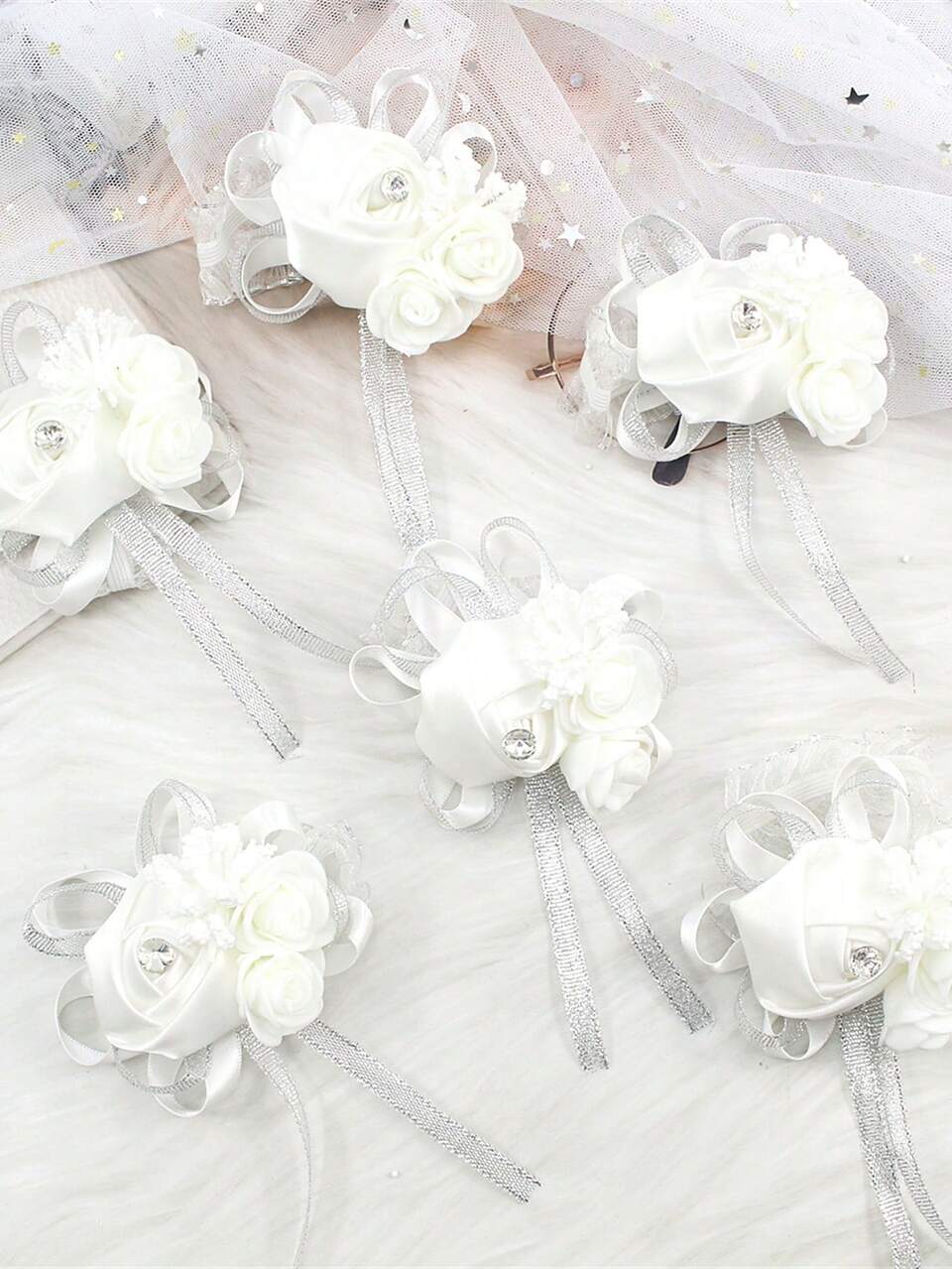 1pc/6pcs Crystal Rose Lace Wrist Corsage Bridal Bridesmaid Wedding Wrist Flower