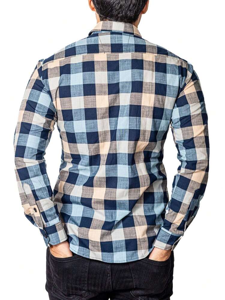 Camisa Hombre Casual Slim Fit Cuadros Marino, Verde, Beige - Azul Marino - Añade 6