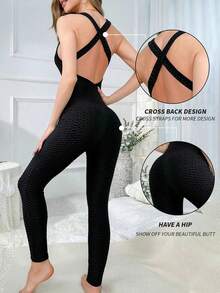 Yefecy Women Butt Lifting Yoga Jumpsuit Backless Sport Bandage Playsuit Sleeveless Textured Gym Jumpsuit - Black - View 3