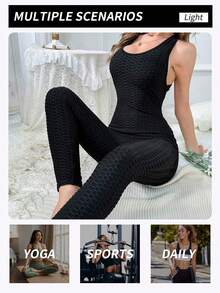 Yefecy Women Butt Lifting Yoga Jumpsuit Backless Sport Bandage Playsuit Sleeveless Textured Gym Jumpsuit - Black - View 4