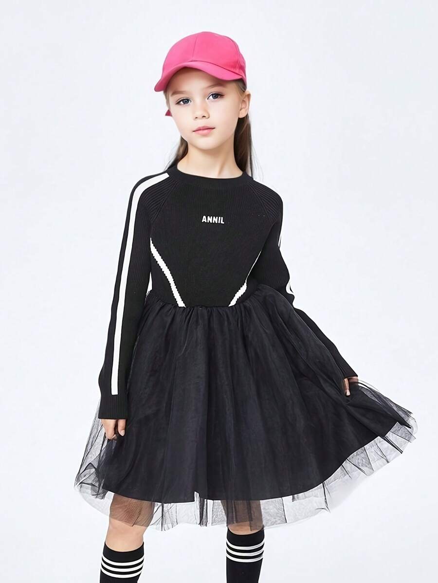 Annil Girls' Knitted Dress Autumn/Winter Splicing Mesh Ladies' Skirt