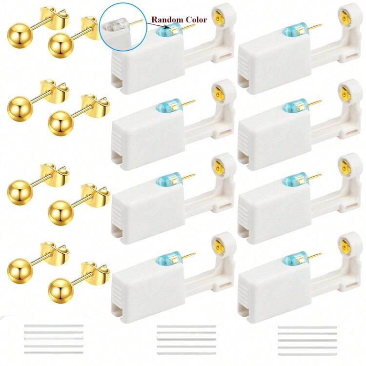23件套耳洞穿刺套装，一次性自穿耳洞套装，居家使用方便，包含8支穿刺枪+4毫米立方氧化锆耳环，15颗透明耳钉 - 白色 - 查看 15