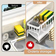 1個廚房水槽海綿架和排水架|多功能櫃臺存儲組織器，帶有碗皂泵，可放置海綿，擦洗器和排水籃 - 彩色 - 查看 8