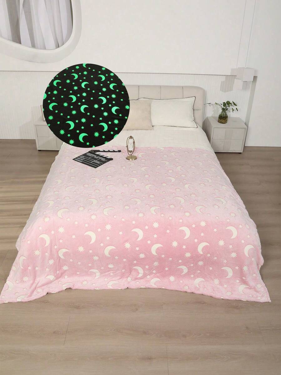 Frazada Que Brilla En La Oscuridad, Tamaño Matrimonial 180*220 cm, Manta De Franela Suave y Acogedora, Delicada y Suave Cuando Se Usa, Por Lo Que Es Ideal Para Niños y Personas Con Piel Sensible, Regalo Perfecto Para Niños y Niñas - Rosa / Media Luna - Ver 1
