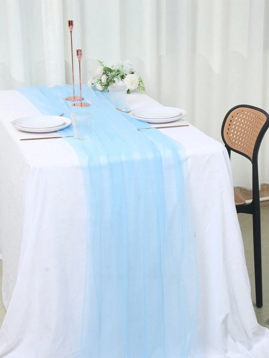 1 件蓝色纱布折叠式桌旗，窗帘多用途婚礼派对背景纱，桌旗桌布，160 * 300 厘米，纱纱欧根纱，家居装饰，生日婚礼节日家庭聚会房间餐桌装饰桌布，桌旗，桌布 - 藍色 - 查看 1