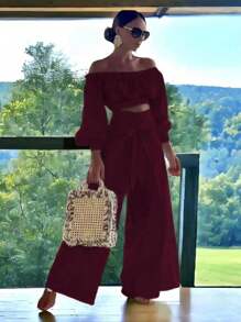 Conjunto Top De Hombro Descubierto Con Mangas Holgadas Y Pantalones Anchos De Pierna Para Mujer - Vino - Ver 3