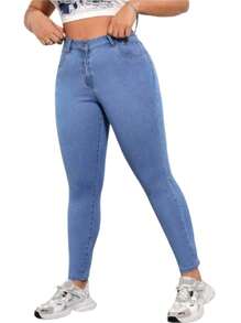 Jeans Ajustados De Mezclilla Talle Alto Con Bolsillos - Claro #25 - Ver 1