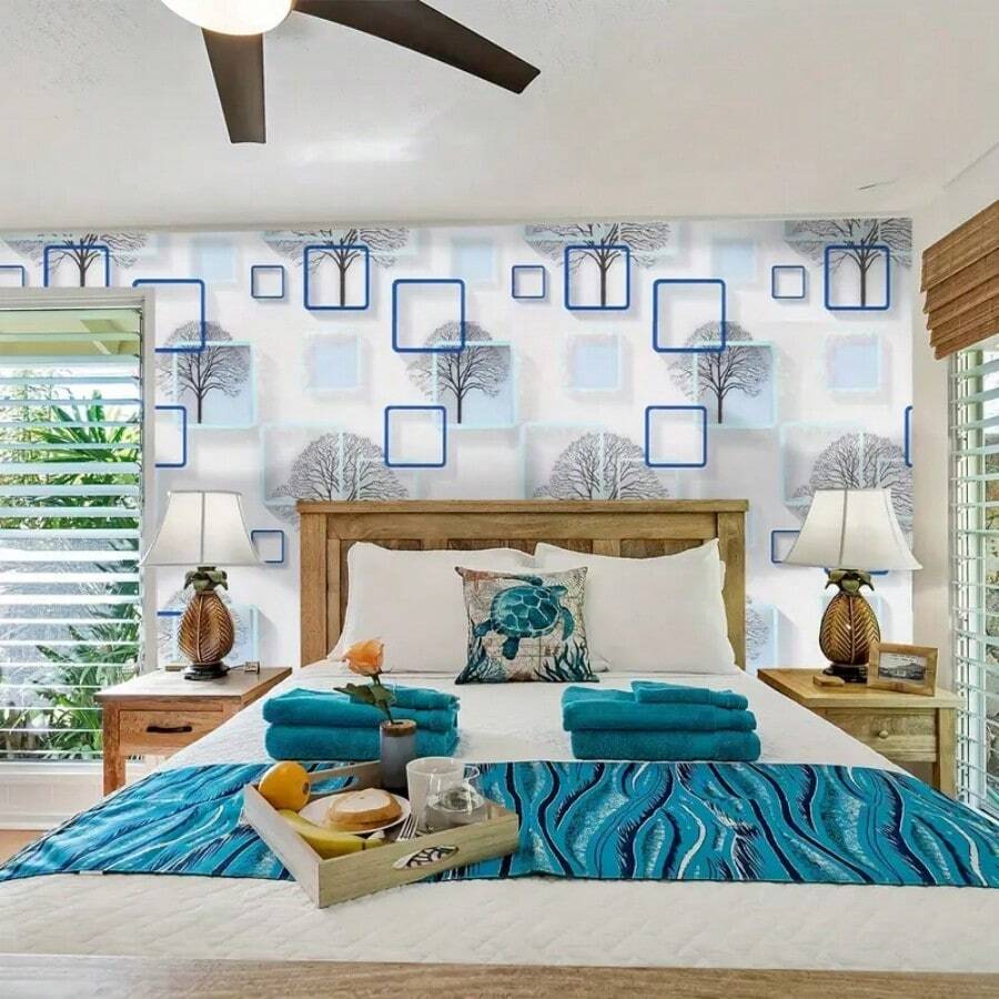 LFASCU 1卷10M幾何圖案自粘壁紙，藍色方形樹設計，PVC材質，易安裝，撕下即貼，適用於臥室、客廳電視牆背景、廚房櫥櫃、家具翻新、DIY裝飾、易於清潔，尺寸為17.7英寸X393.7英寸 - 藍色 - 查看 1