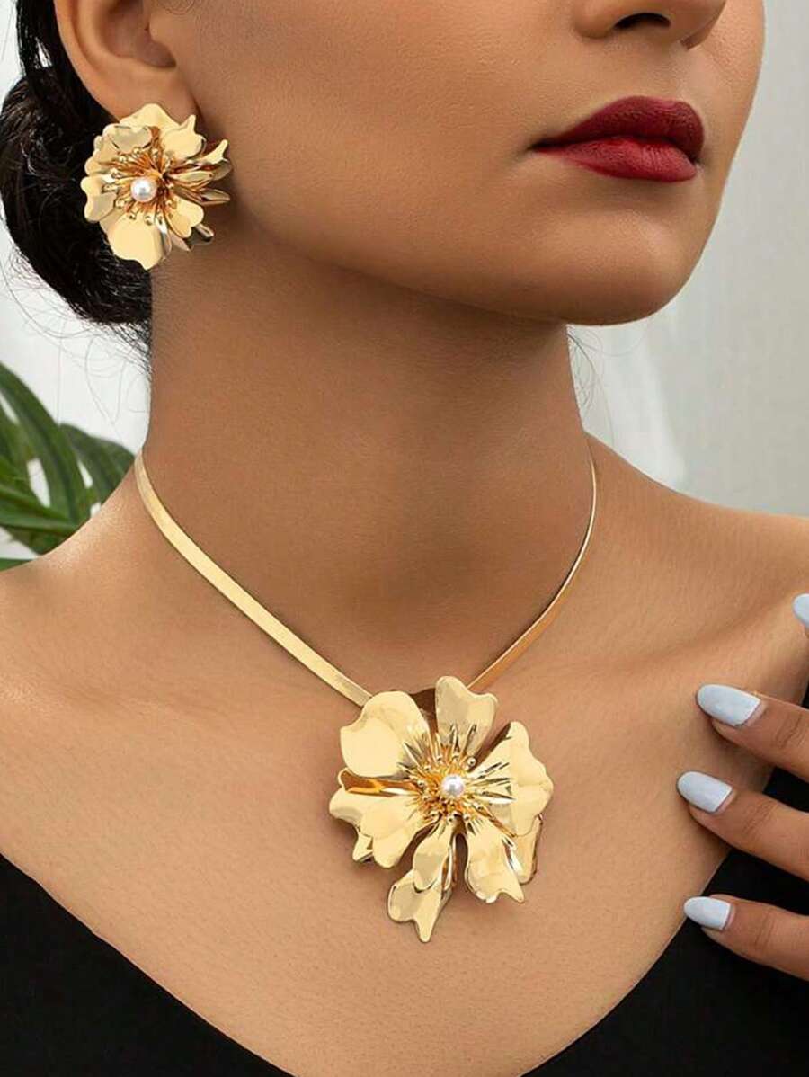 3pcs/Set Women's Daily Fashion Floral Pendant Necklace And Elegant Flower Earrings Set Valentines