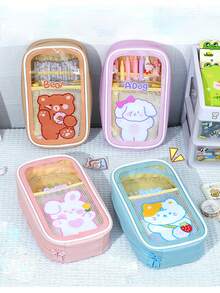 1pc Transparent Stationery Pencil Case Cute Cartoon Large Capacity Simple Highly Attractive Level Creative Pencil Pencil Case - one-size - View 3