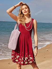 GOOTUCH Women's Summer Floral Print Pleated Casual Tank Dress