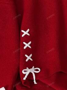 JIANHU New Spring Red Lace-Up Spliced Knit Sweater Women Loose Slimming Versatile Round Neck Long Sleeve Top, Vintage Warm Casual Oversized Look For Spring
