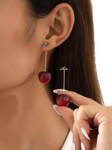 1pair European And American INS Fashionable Resin Fruit Drip Green Leaf Cherry Earrings, Suitable For Women, Ideal For Summer, Travel, Vacation, Wedding, Banquet, Birthday Gift For Friend, Unique Earring To Switch Up Your Look - Cherry Earrings - View 8