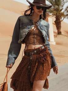 1 件女士西部牛仔复古铆钉腰带，百搭牛仔裤装饰腰带万圣节夏季、学校秋季、秋季、万圣节 - 咖啡 - 查看 3