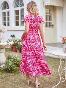 GOOTUCH V-Neck Batwing Sleeve Elastic Waist Long Dress - Pink - View 3