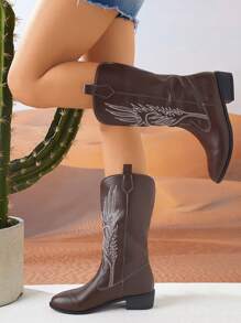 Women's Four Seasons Fashion Embroidered Leather Western Boots, Dark Brown Fashion Boots Low Heel Thick Heel High Top Fashion Punk Style Chelsea Boots - Chocolate Brown - View 5