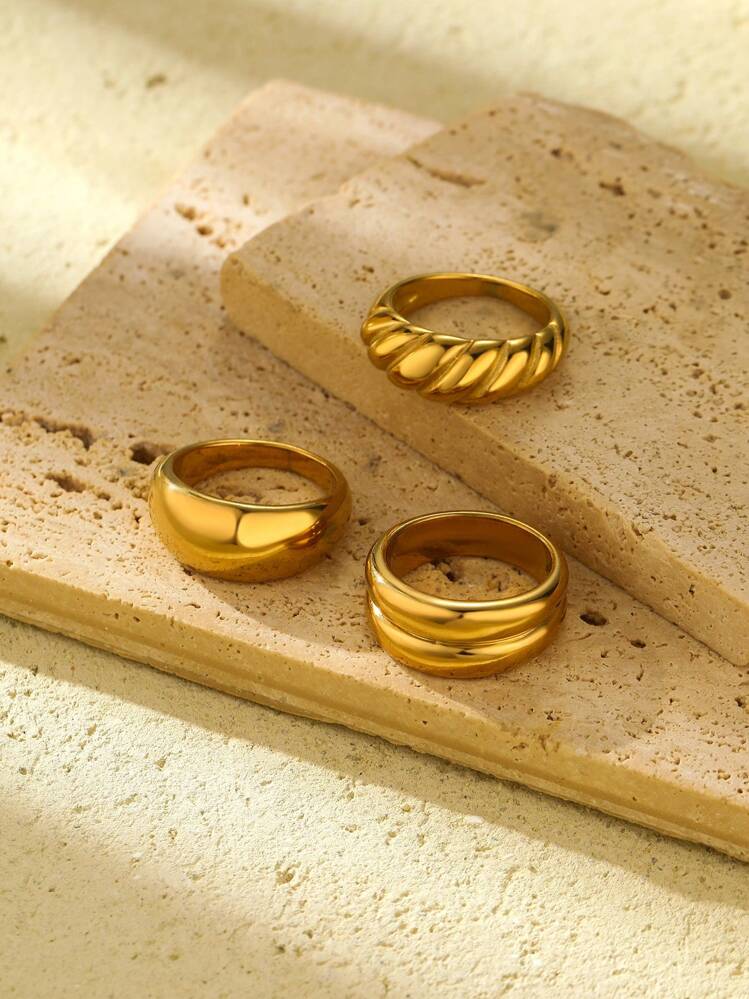3pcs Stainless Steel Golden Yellow, Stylish And Simple, 3 Different Shapes Of Cast Ring Sets, Suitable For Daily Wear Or Gift Giving - Yellow Gold - View 2