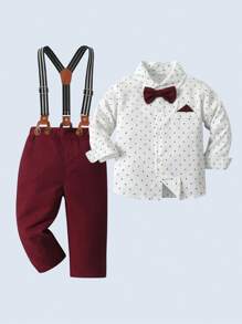 BOARNSEORL 2pcs Baby Boys Gentleman Outfit - Long Sleeve Shirt With Bowknot And Red Suspender Pants, Suitable For Birthday Party, Evening Party, Wedding