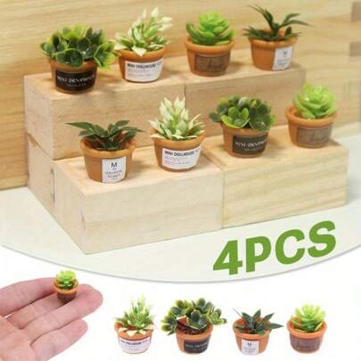 4Pcs Mini Flower Potted For Green Plant Simulation Plants Decoration House Miniature Decoration House Furniture Home Decoration Best Gifts Birthday Graduation
