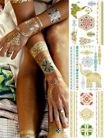 Gold Tattoos Glitter Body Art Temporary Metallic Tattoos Flash Fake Waterproof Tattoo Stickers For Women Girls 3 Sheets