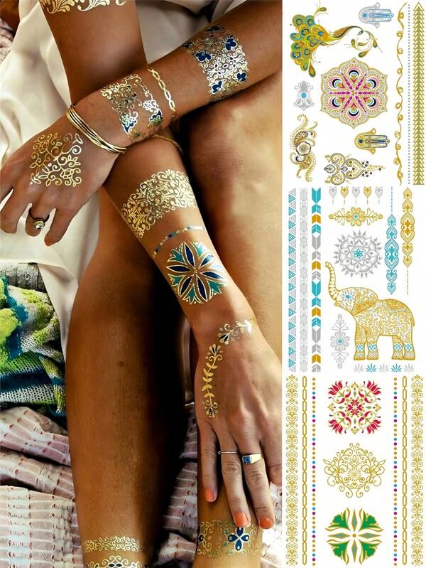 Tatuaje auriu sclipici Body Art Tatuaje metalice temporare Flash False autocolante impermeabile pentru tatuaj pentru femei fete 3 foi