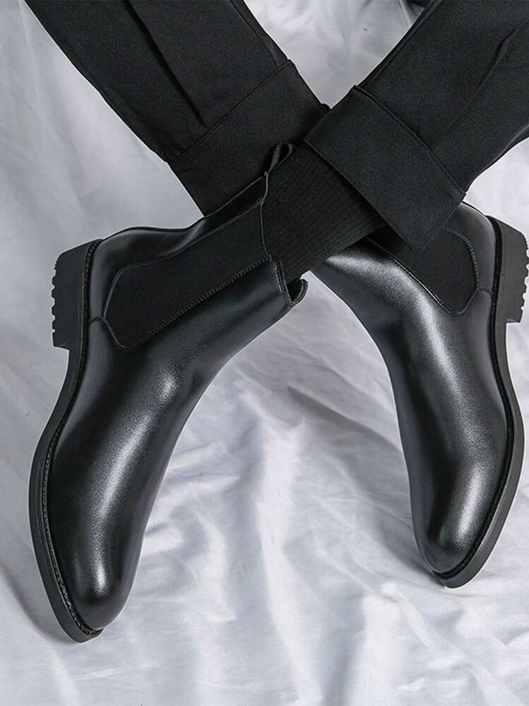 男士英式風格切爾西彈性踝部中筒尖頭時尚靴 - 黑色 - 查看 3