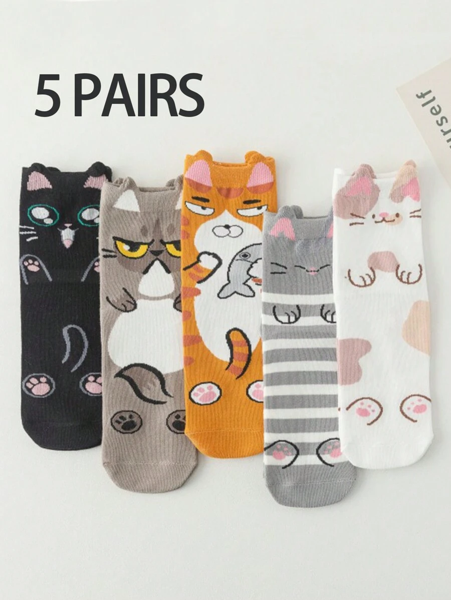 5 paia di calzini alla caviglia morbidi e traspiranti con motivo carino a orecchie di gatto, adatti da abbinare a sneaker, scarpe casual e qualsiasi tipo di calzature per il ritorno a scuola
