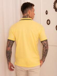 Lucky Star Modas Men's Striped Polo Shirt Piquet Knit - Yellow - View 4
