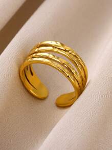 Stainless Steel Hollow Stripe Wide Ring Occident Simple Minimalist Charm Texture Statement Charm Jewelry Women  ﻿