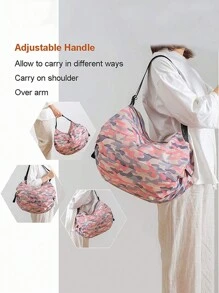 1个可重复使用可折叠购物袋，粉色防水牛津布材质，旅行沙滩手提袋，超市杂货购物袋 - 粉色 - 查看 3