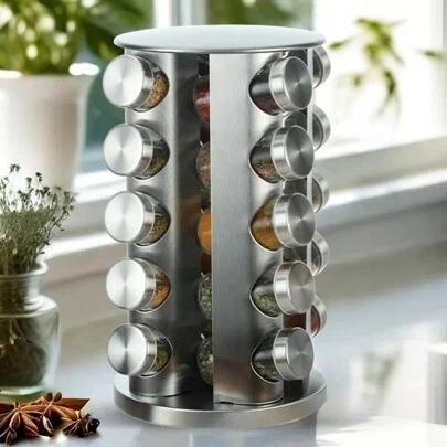 Modernt silverrundt 360° roterbart kryddburkset i rostfritt stål - mångsidig köksarrangör för smaksättning och festrumsinredning
