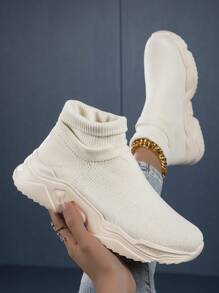 Women's Fashionable  Mid-Top Socks Sneakers, Convenient Slip-On Knitted Shoes With Mesh And Thick Sole, Lightweight And Comfortable For Walking, Super Breathable And Stylish - Beige - View 1