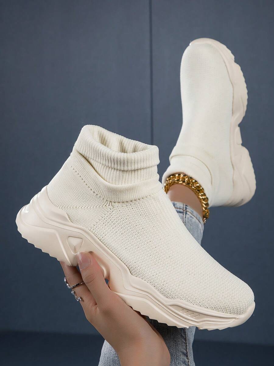 Women's Fashionable  Mid-Top Socks Sneakers, Convenient Slip-On Knitted Shoes With Mesh And Thick Sole, Lightweight And Comfortable For Walking, Super Breathable And Stylish - Beige - View 1