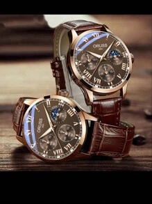 OLEVS. ORUSS 新款男士手表顶级品牌奢华棕色皮革休闲石英表男士运动防水男士手表 - 棕色 - 查看 3