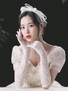女士经典手指手套性感白色长款菊花图案新娘手套派对臂套驾驶防晒袖套 1 件万圣节 - 白色 - 查看 3