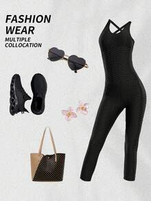 Yefecy Women Butt Lifting Yoga Jumpsuit Backless Sport Bandage Playsuit Sleeveless Textured Gym Jumpsuit - Black - View 8