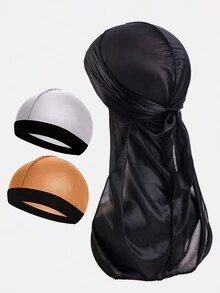 3pcs Men's Silky Durag Headscarf Hats With Long Tail, Hip Hop Style For Everyday Use - Multicolor - View 5