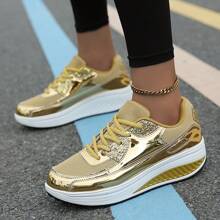 Damen glänzende Sportschuhe mit dicker Sohle und erhöhter Höhe, Outdoor Laufschuhe, Keilabsatz atmungsaktive Mesh-Wanderschuhe